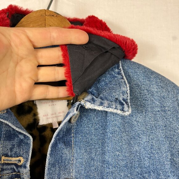 Zara TRF Denim Wear Distressed Long Jacket Womens Small S Slouchy Punk Faux Fur‎ - Picture 4 of 16